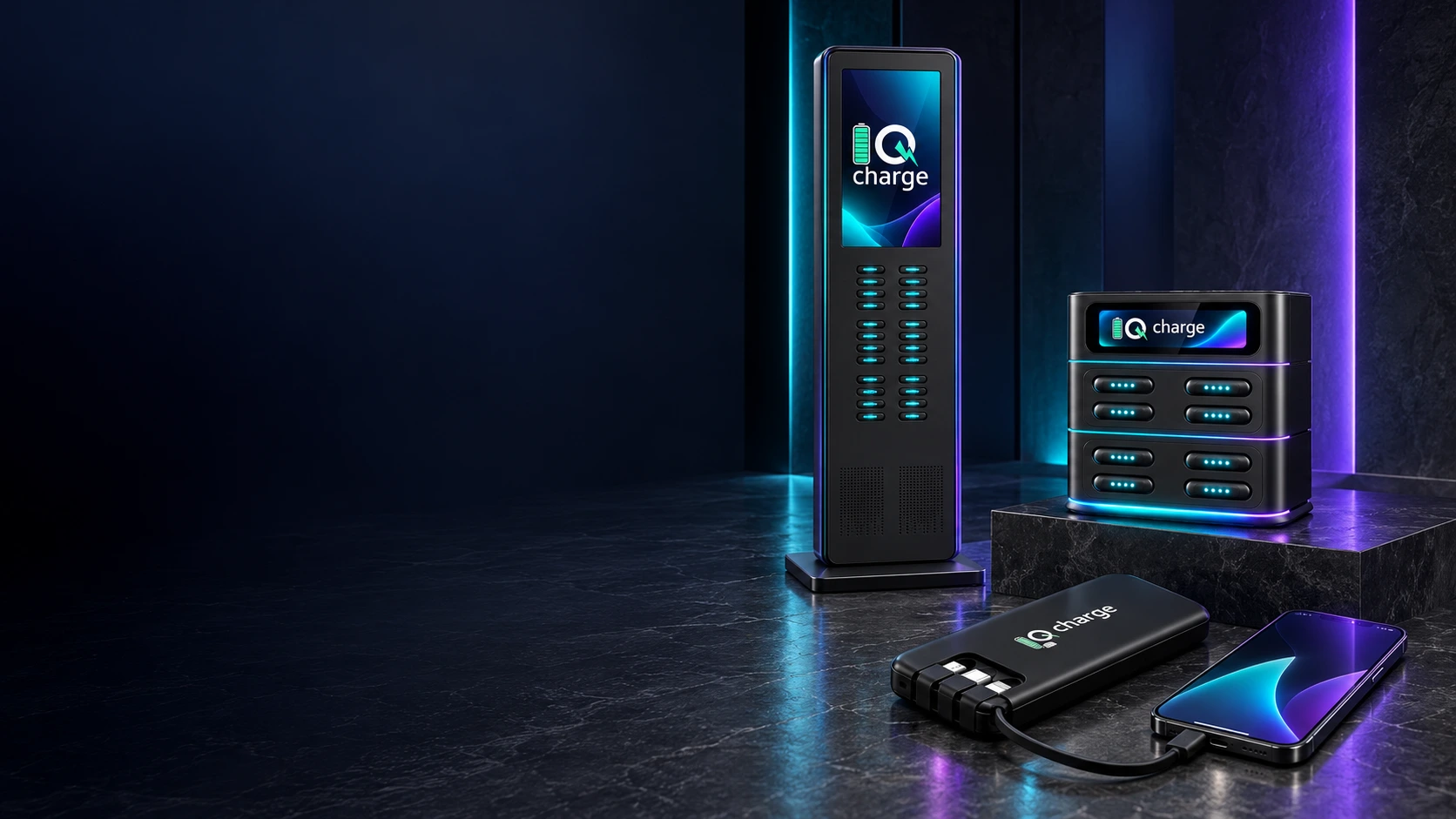Schwarze IQ-Charge-Tischstation, Display-Kiosk und Powerbank mit Smartphone